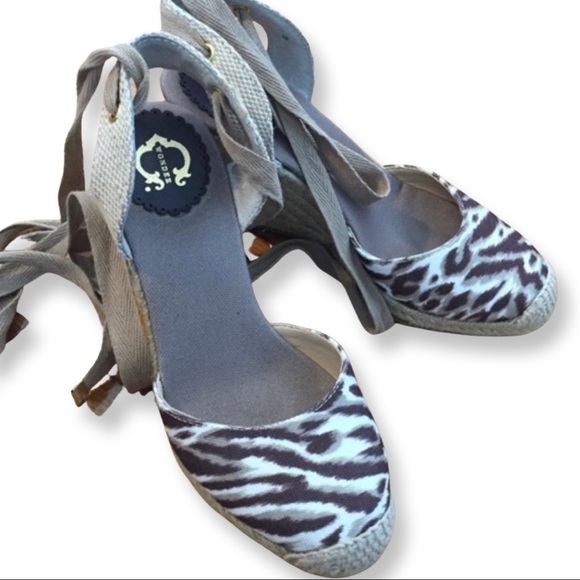 C. Wonder Brown White Zebra Print Tie-up Espadrille Wedge Heels Sandals - Size 6 - Picture 4 of 9